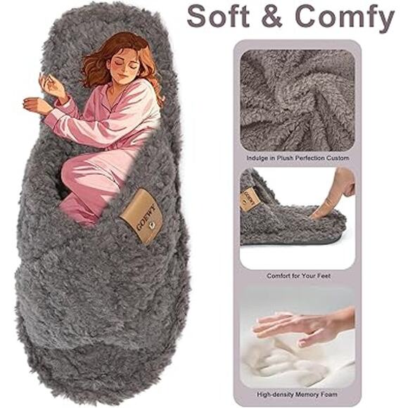 Goewy Womens Size 7-8 Gray Open Toe Fuzzy Memory Foam Slide On Slipper Shoes - Picture 2 of 5